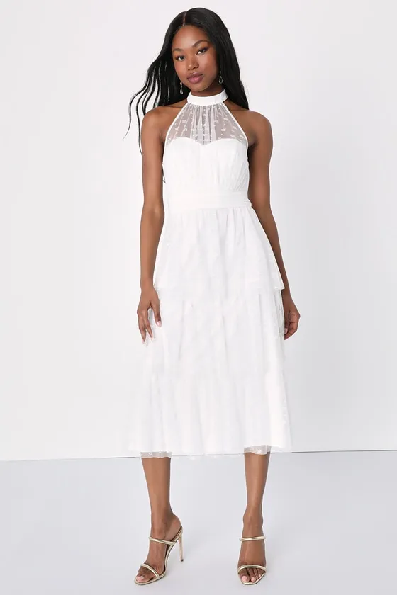 Positively Precious White Floral Mesh Tiered Halter Midi Dress sold by Lulus