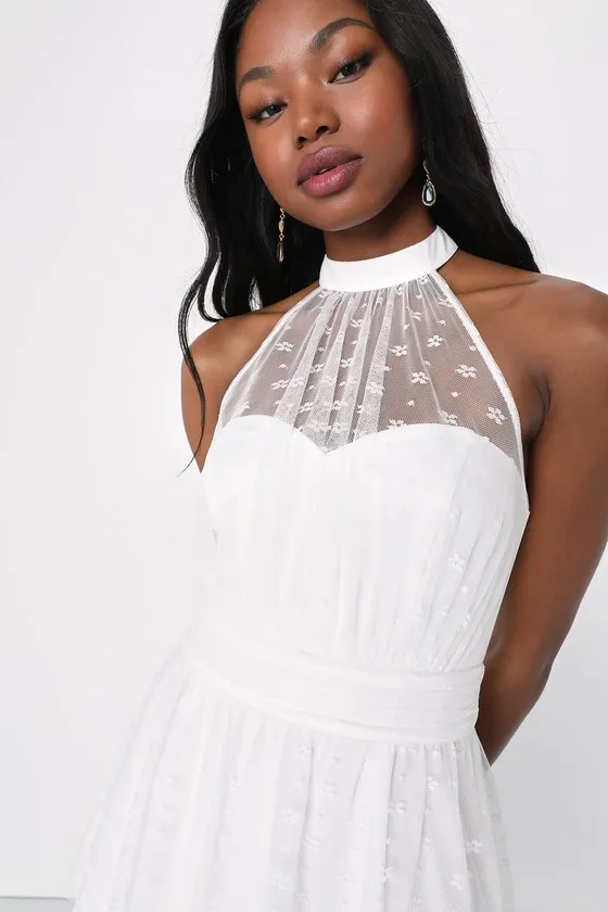 Positively Precious White Floral Mesh Tiered Halter Midi Dress sold by Lulus product image thumbnail 2