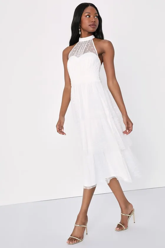 Positively Precious White Floral Mesh Tiered Halter Midi Dress sold by Lulus product image thumbnail 3