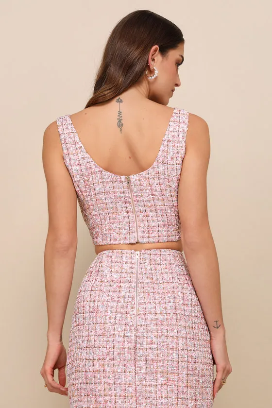 Charming Icon Pink Tweed Lurex Sleeveless Button-Front Top sold by Lulus product image thumbnail 2