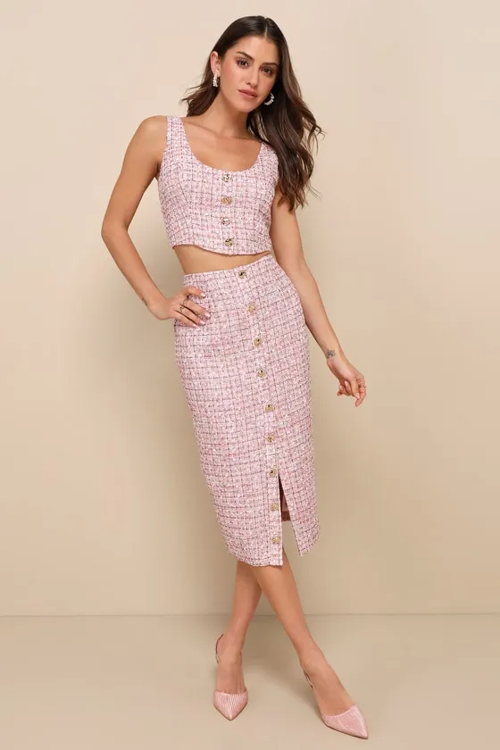 Charming Icon Pink Tweed Lurex Sleeveless Button-Front Top sold by Lulus product image thumbnail 3