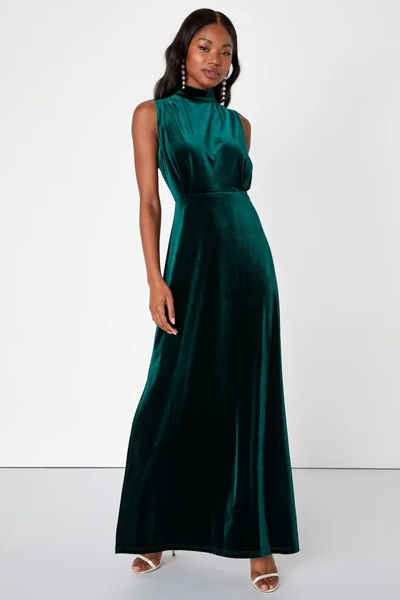Classic Elegance Emerald Velvet Sleeveless Mock Neck Maxi Dress sold by Lulus product image thumbnail 4