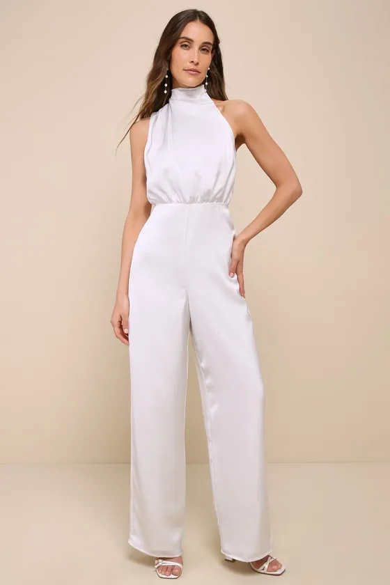 Stunning Promise White Satin Asymmetrical Wide-Leg Jumpsuit sold by Lulus