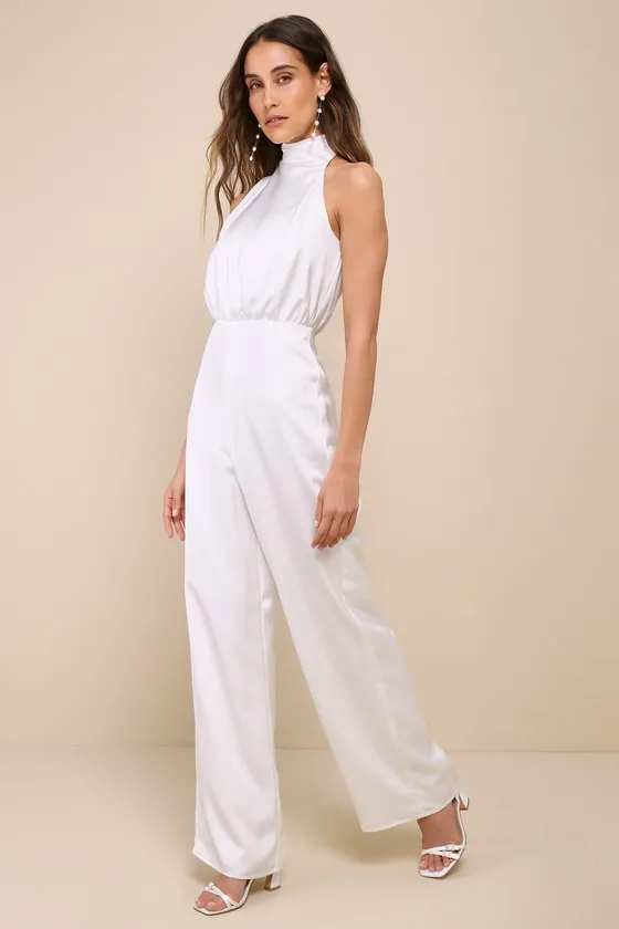 Stunning Promise White Satin Asymmetrical Wide-Leg Jumpsuit sold by Lulus product image thumbnail 2