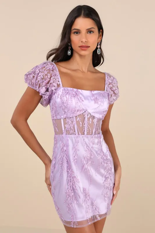 Seriously Cute Lavender Embroidered Mesh Puff Sleeve Mini Dress sold by Lulus