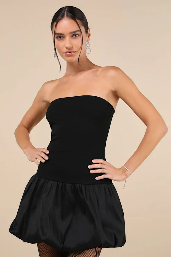 Defined Chicness Black Strapless Bubble-Hem Mini Dress sold by Lulus
