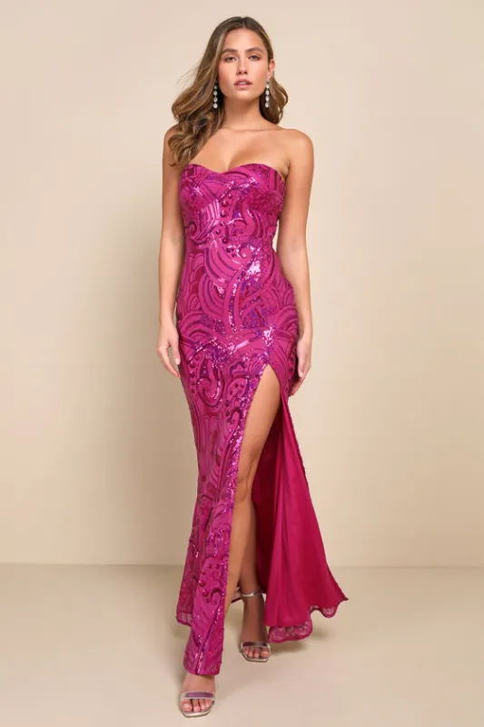 Glamorous Intrigue Magenta Sequin Strapless Maxi Dress sold by Lulus