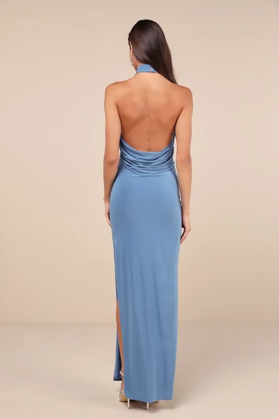 Flawless Expression Blue Mock Neck Halter Maxi Dress sold by Lulus product image thumbnail 2
