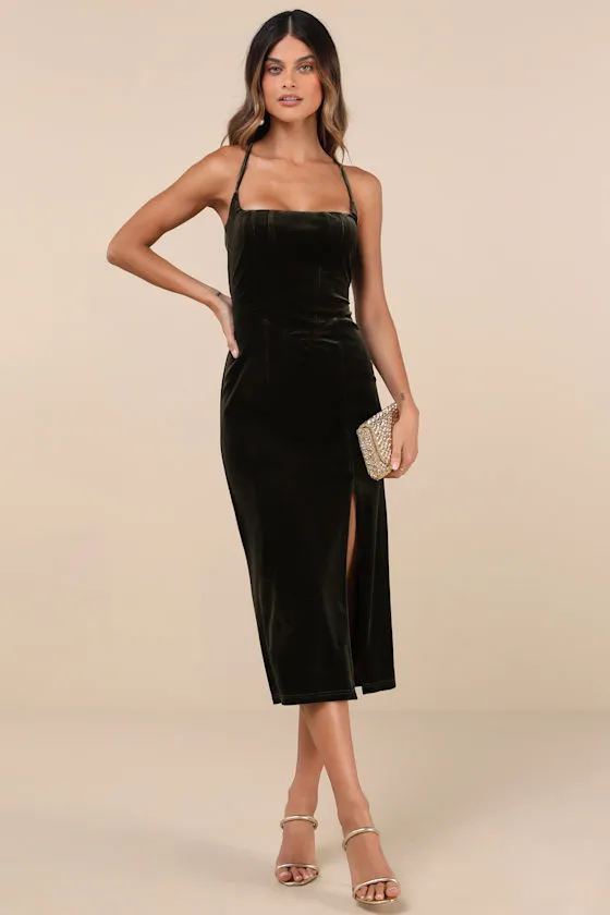 Gorgeous Composure Olive Velvet Lace-Up Sleeveless Midi Dress sold by Lulus
