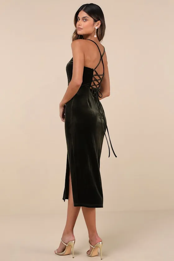 Gorgeous Composure Olive Velvet Lace-Up Sleeveless Midi Dress sold by Lulus product image thumbnail 2