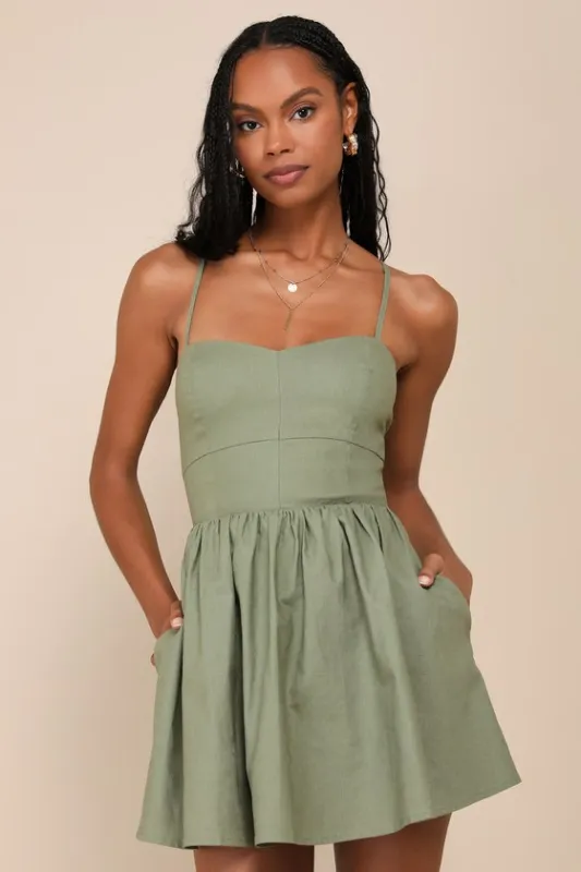Sweet Existence Olive Green Linen Lace-Up Skort Romper sold by Lulus