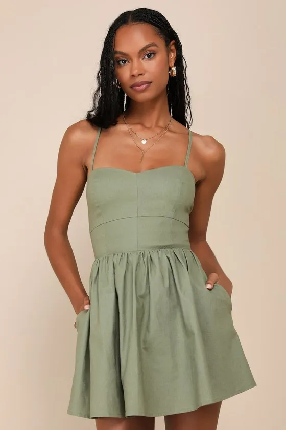 Sweet Existence Olive Green Linen Lace-Up Skort Romper sold by Lulus