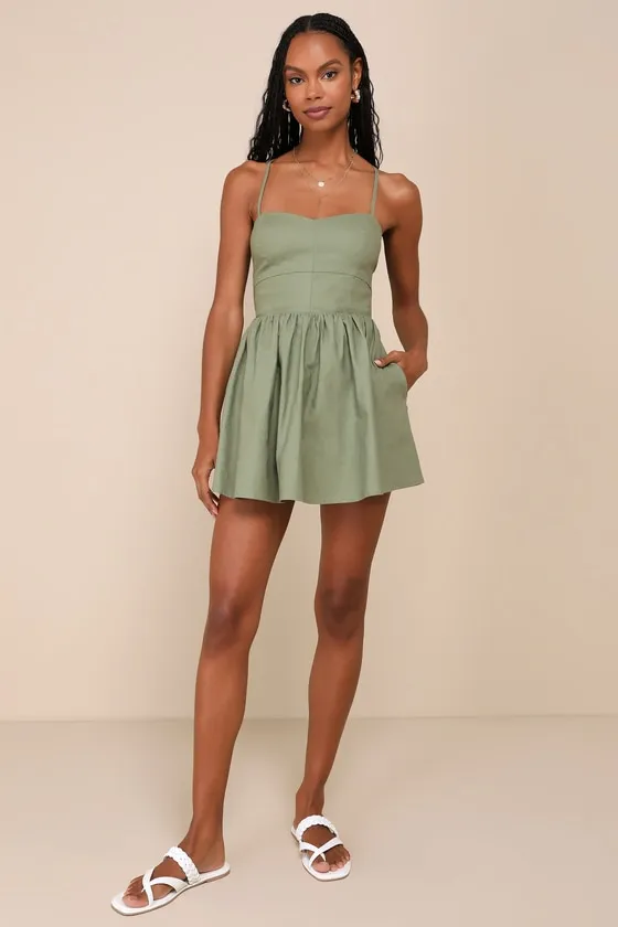 Sweet Existence Olive Green Linen Lace-Up Skort Romper sold by Lulus product image thumbnail 2