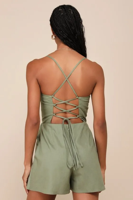 Sweet Existence Olive Green Linen Lace-Up Skort Romper sold by Lulus product image thumbnail 3