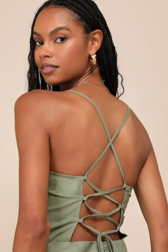 Sweet Existence Olive Green Linen Lace-Up Skort Romper sold by Lulus product image thumbnail 4