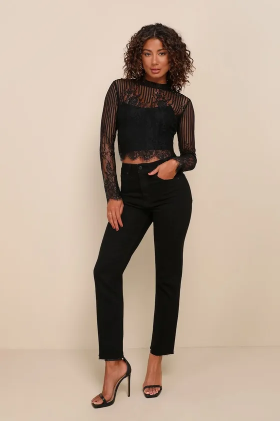 Tempt Me Black Sheer Lace Long Sleeve Crop Top sold by Lulus product image thumbnail 4