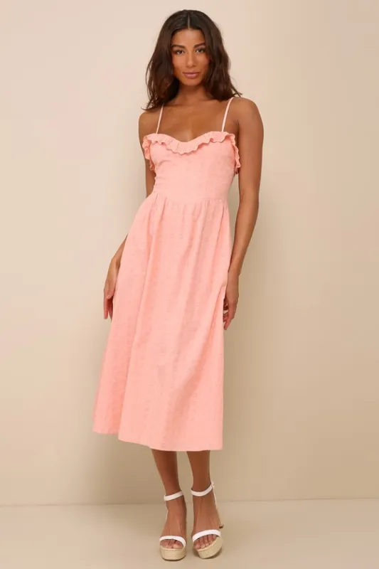 Lovely Weather Pink Embroidered Bustier Midi Dress with Pockets sold by Lulus