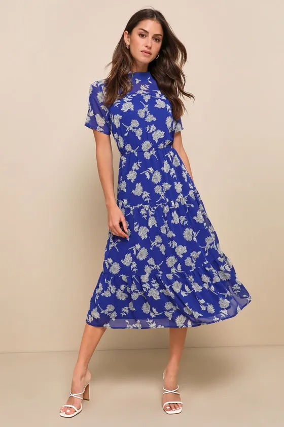 Floral Dressed Up Royal Blue Floral Print Midi Dress sold by Lulus