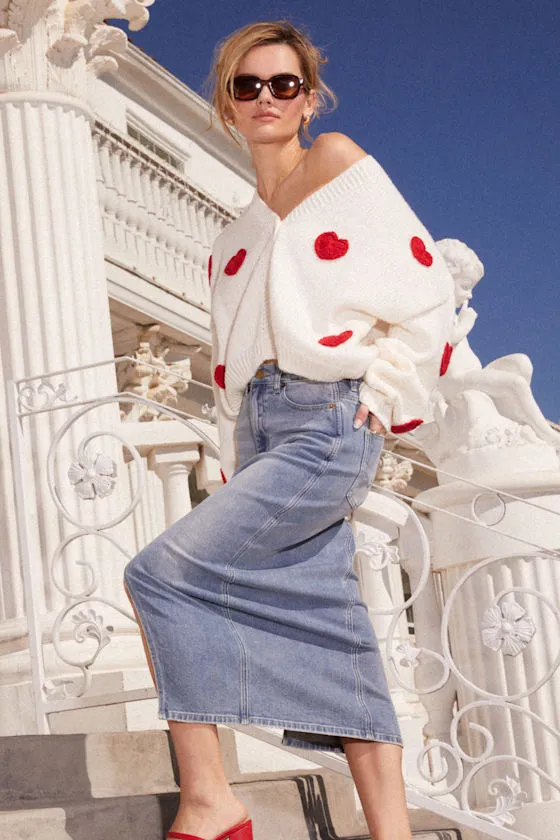 Uniquely Trendsetting Medium Wash High Rise Denim Midi Skirt sold by Lulus