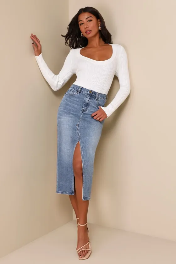 Uniquely Trendsetting Medium Wash High Rise Denim Midi Skirt sold by Lulus product image thumbnail 2
