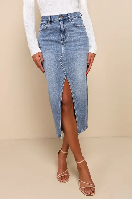 Uniquely Trendsetting Medium Wash High Rise Denim Midi Skirt sold by Lulus product image thumbnail 3