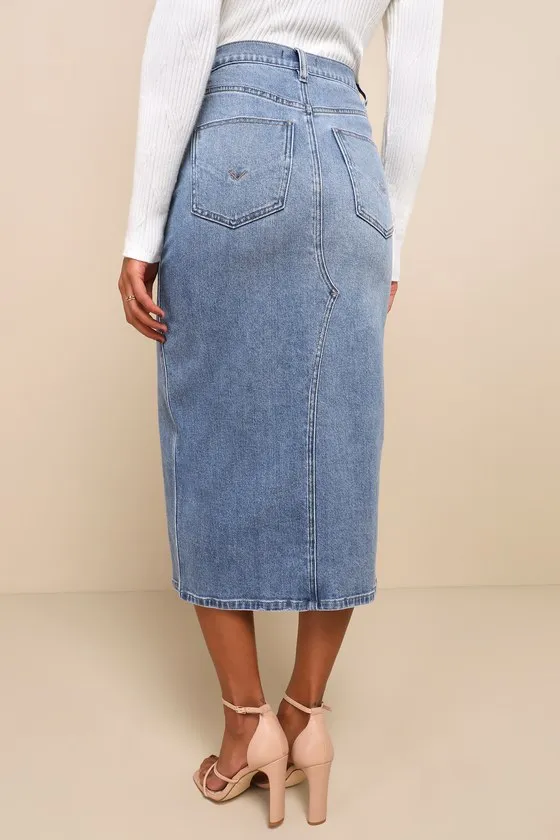 Uniquely Trendsetting Medium Wash High Rise Denim Midi Skirt sold by Lulus product image thumbnail 4
