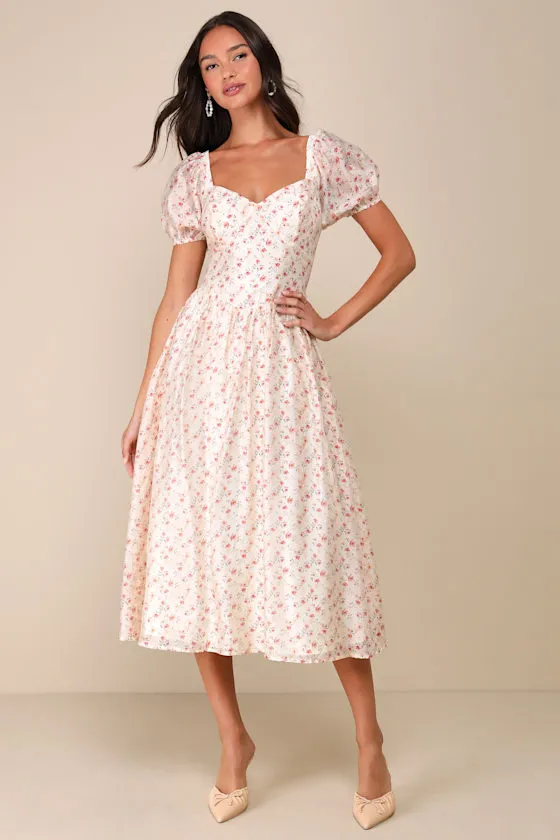 Effortless Ideal Ivory Floral Puff Sleeve Lace-Up Midi Dress sold by Lulus