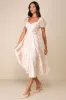 Effortless Ideal Ivory Floral Puff Sleeve Lace-Up Midi Dress sold by Lulus
