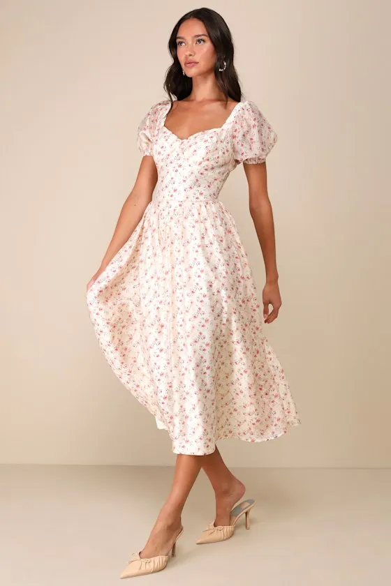Effortless Ideal Ivory Floral Puff Sleeve Lace-Up Midi Dress sold by Lulus product image thumbnail 2