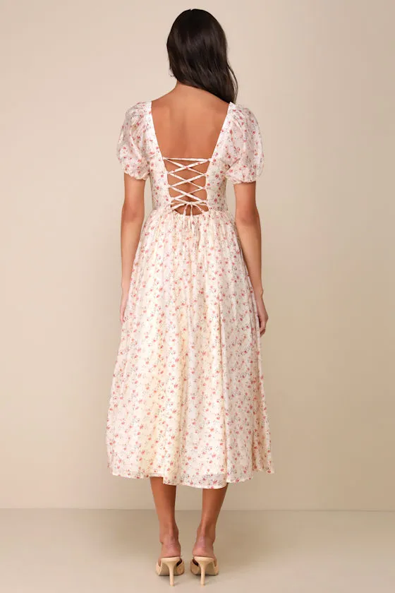 Effortless Ideal Ivory Floral Puff Sleeve Lace-Up Midi Dress sold by Lulus product image thumbnail 3