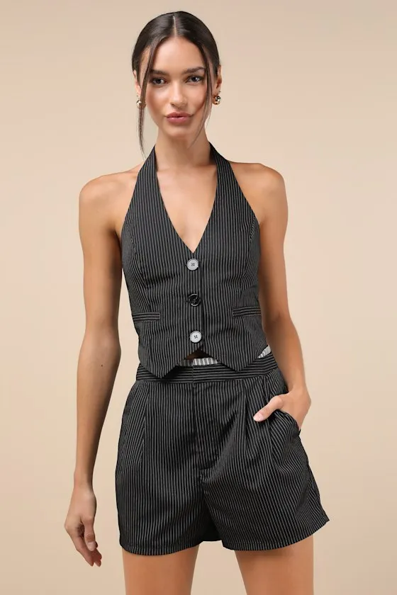 Exceeding Poise Black Pinstriped Pleated High-Rise Shorts sold by Lulus product image thumbnail 2
