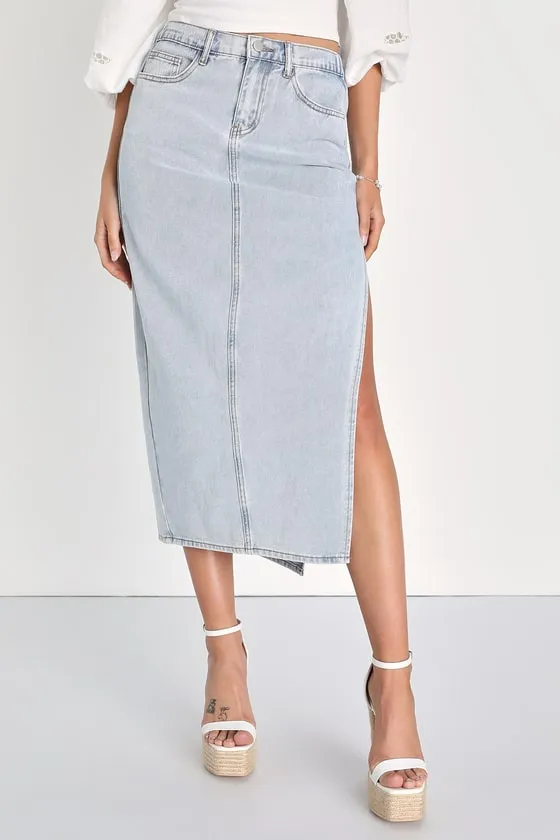 Exceptionally Cool Light Wash High-Rise Denim Midi Skirt sold by Lulus product image thumbnail 2