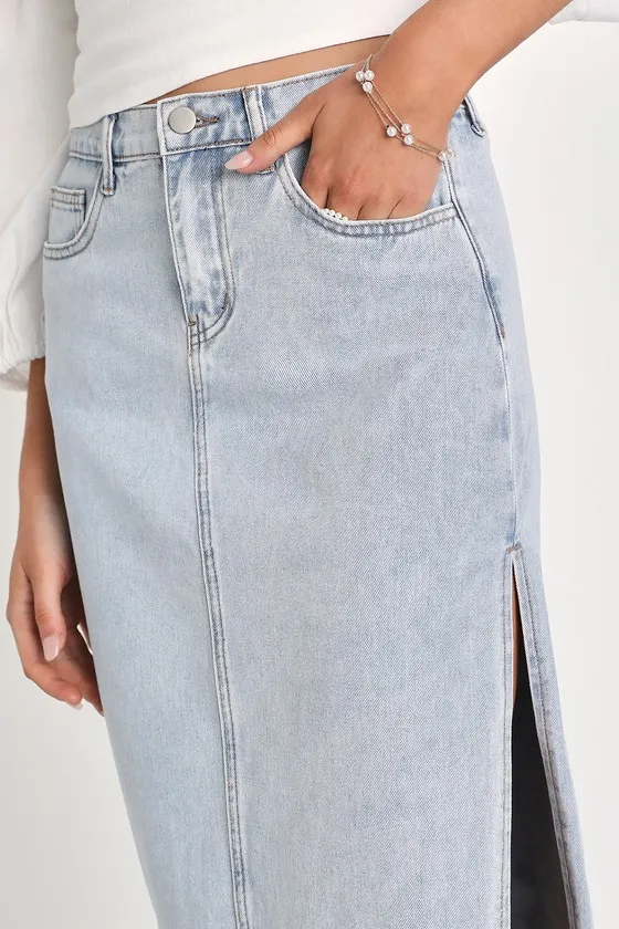 Exceptionally Cool Light Wash High-Rise Denim Midi Skirt sold by Lulus product image thumbnail 4
