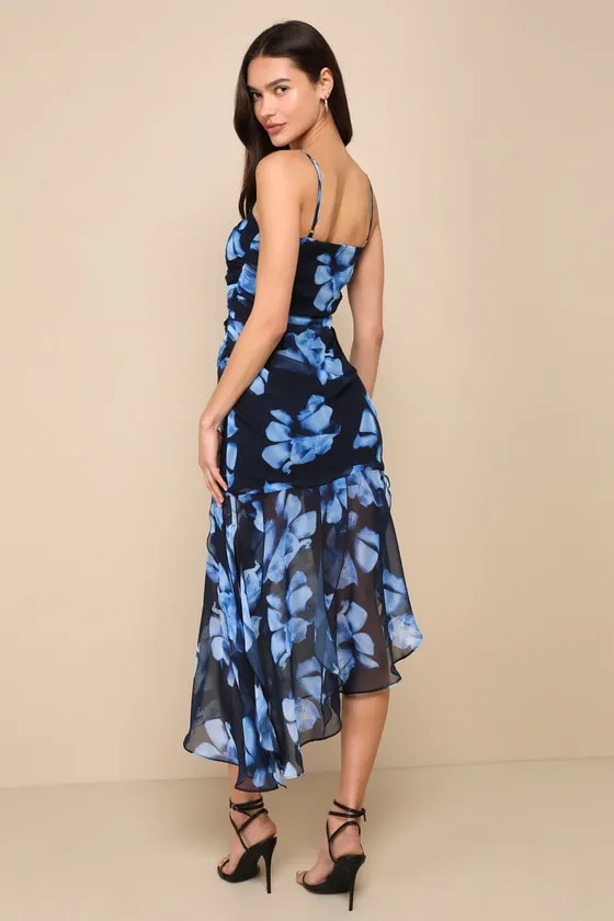 Ethereal Essence Navy Blue Floral Ruched Asymmetrical Maxi Dress sold by Lulus product image thumbnail 2