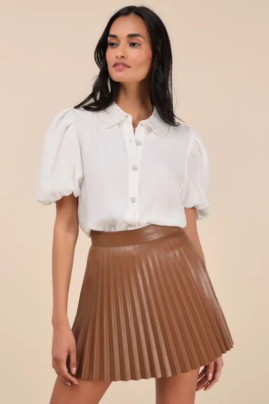 Better Luck Next Time Brown Vegan Leather Pleated Mini Skirt sold by Lulus