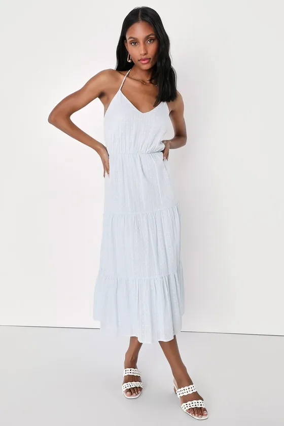 Sunny Reverie Light Blue Swiss Dot Lurex Halter Midi Dress sold by Lulus