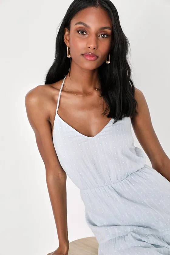 Sunny Reverie Light Blue Swiss Dot Lurex Halter Midi Dress sold by Lulus product image thumbnail 2