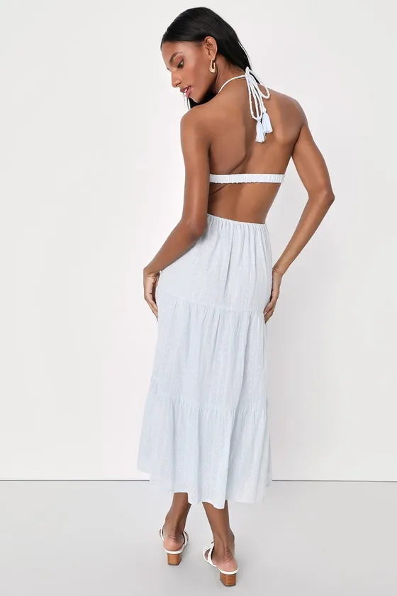 Sunny Reverie Light Blue Swiss Dot Lurex Halter Midi Dress sold by Lulus product image thumbnail 3