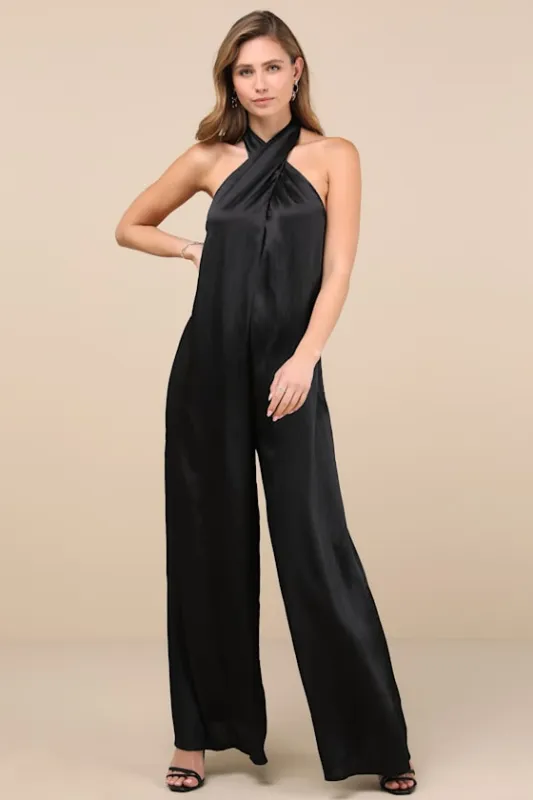 Charismatic Muse Black Satin Wide-Leg Halter Jumpsuit sold by Lulus