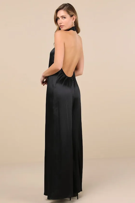 Charismatic Muse Black Satin Wide-Leg Halter Jumpsuit sold by Lulus product image thumbnail 2