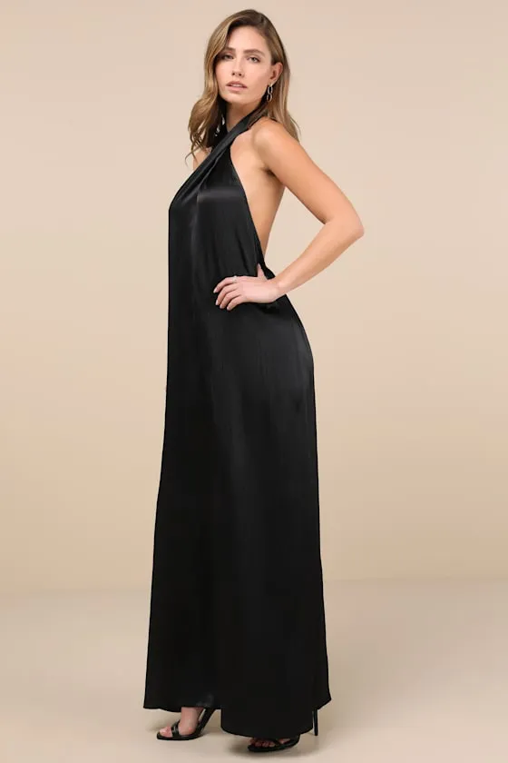 Charismatic Muse Black Satin Wide-Leg Halter Jumpsuit sold by Lulus product image thumbnail 3