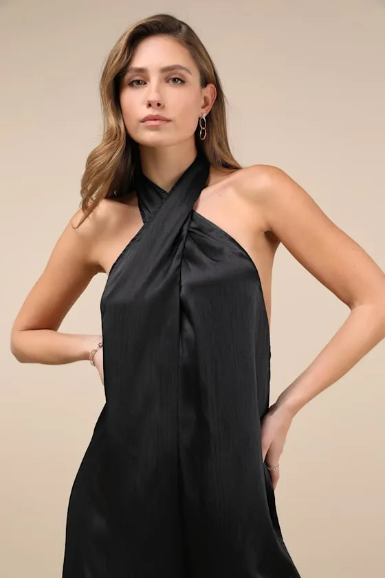 Charismatic Muse Black Satin Wide-Leg Halter Jumpsuit sold by Lulus product image thumbnail 4