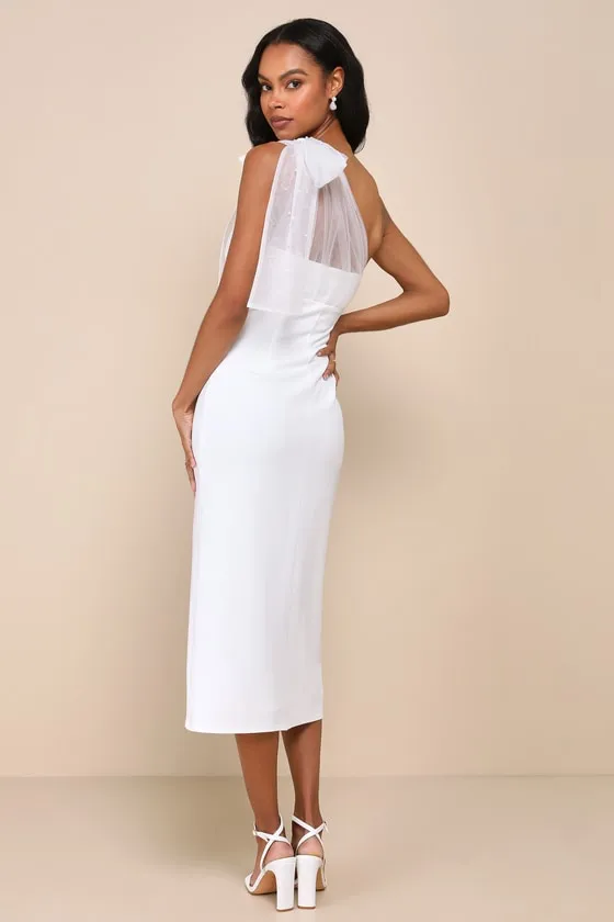 Elegant Indication Ivory Mesh Pearl One-Shoulder Midi Dress sold by Lulus product image thumbnail 3