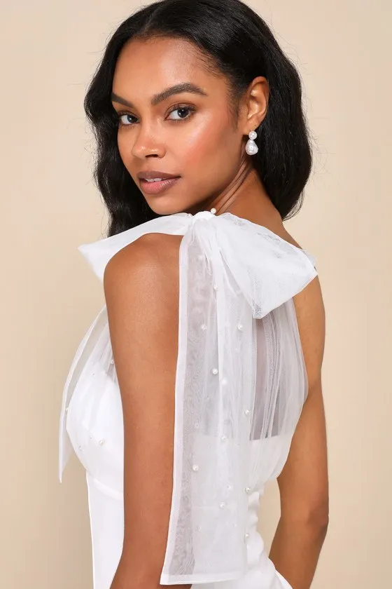 Elegant Indication Ivory Mesh Pearl One-Shoulder Midi Dress sold by Lulus product image thumbnail 4