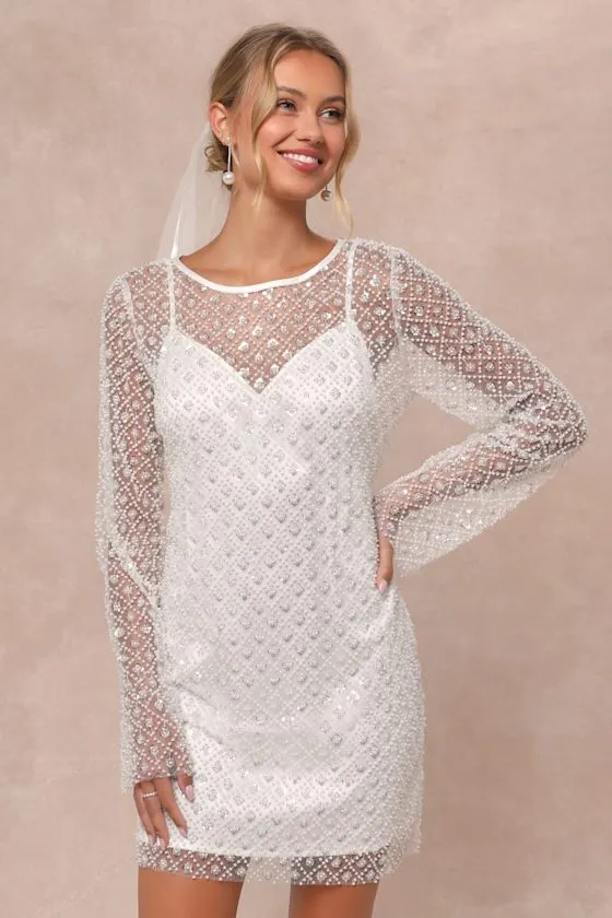 Glowing Charisma White Sequin Pearl Mesh Long Sleeve Mini Dress sold by Lulus