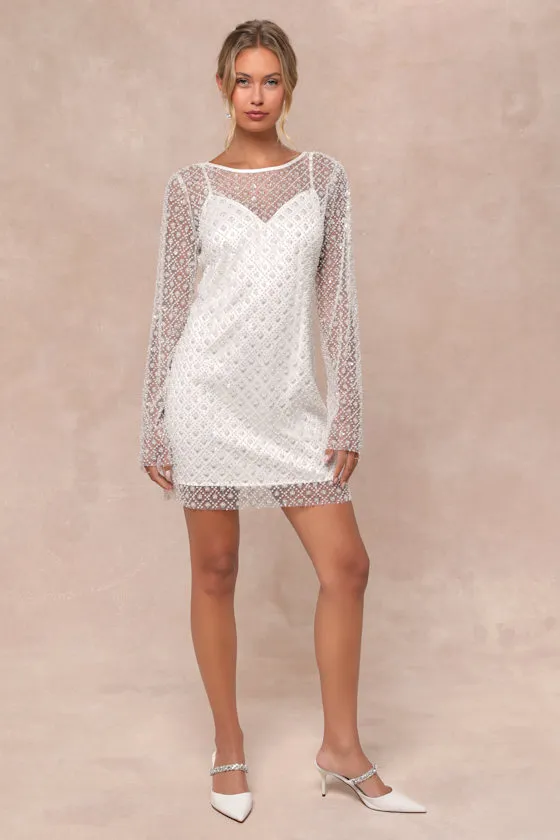 Glowing Charisma White Sequin Pearl Mesh Long Sleeve Mini Dress sold by Lulus product image thumbnail 2