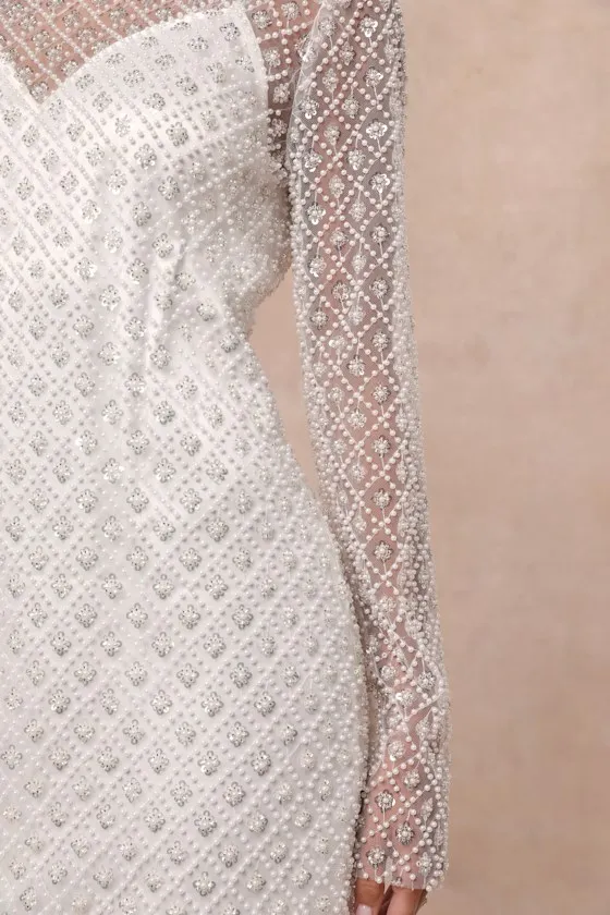 Glowing Charisma White Sequin Pearl Mesh Long Sleeve Mini Dress sold by Lulus product image thumbnail 4