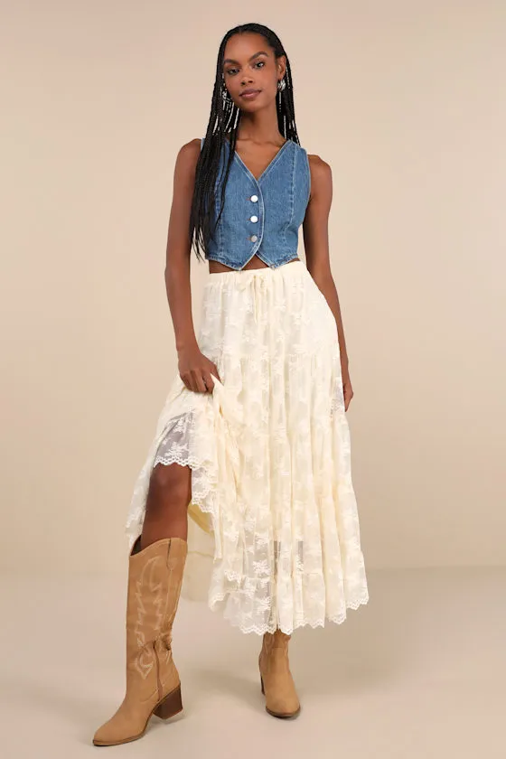 Exceptionally Graceful Cream Lace High-Rise Tiered Midi Skirt sold by Lulus