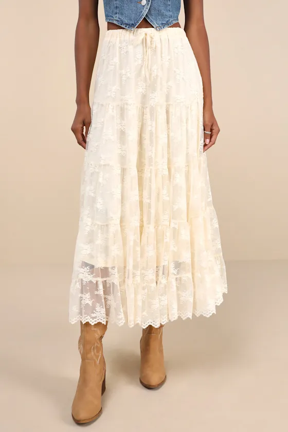Exceptionally Graceful Cream Lace High-Rise Tiered Midi Skirt sold by Lulus product image thumbnail 2