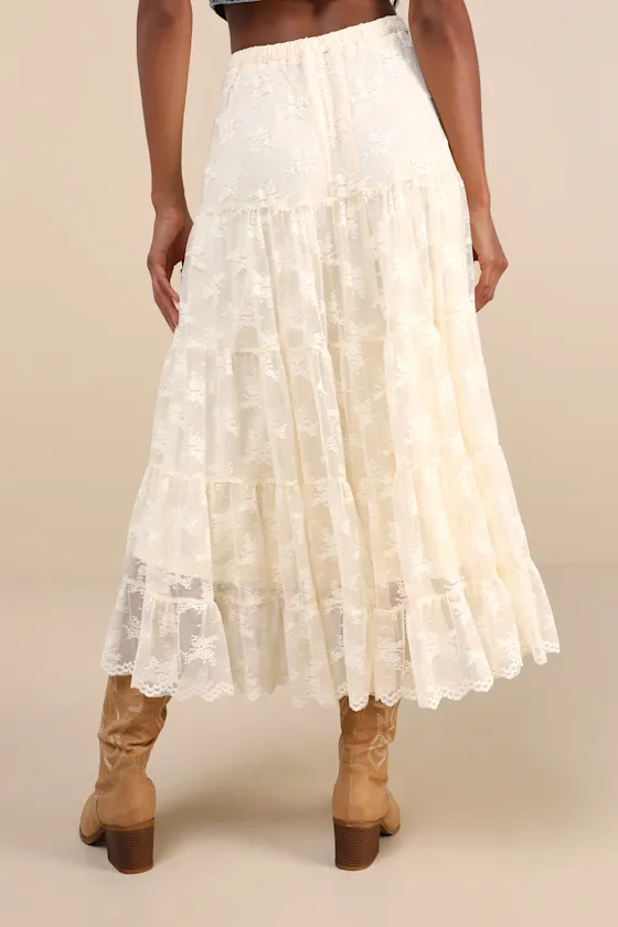 Exceptionally Graceful Cream Lace High-Rise Tiered Midi Skirt sold by Lulus product image thumbnail 3